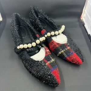 ✨ NEW Simone Rocha Red Multi Pearl Strap Flats | Tartan Textured Ballerina Shoes